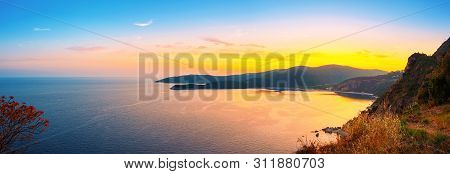 Panoramic View From Above To The Adriatic Sea Coastline With Jaz Beach At Sunset Time, Montenegro.