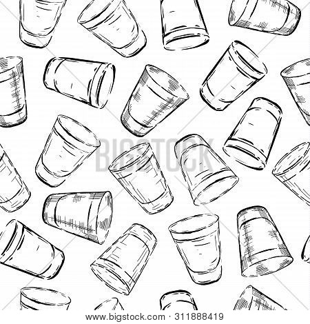 Set Of Illustration Of Stemware. Glasses For Alcohol And Water. Engraving Style Seamless Pattern.
