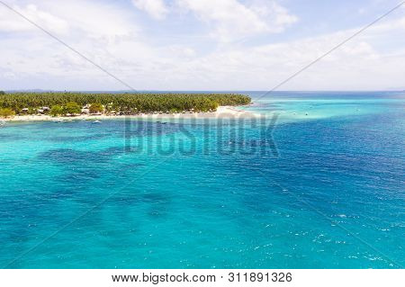 Beautiful Tropical Island In Sunny Weather, View From Above. Daco Island, Philippines. White Sandy B
