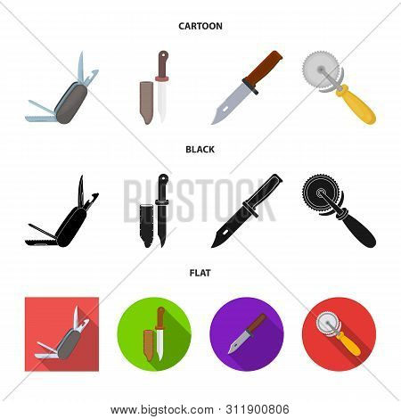 Vector Illustration Of Knife And Cut Logo. Set Of Knife And Flat Stock Vector Illustration.