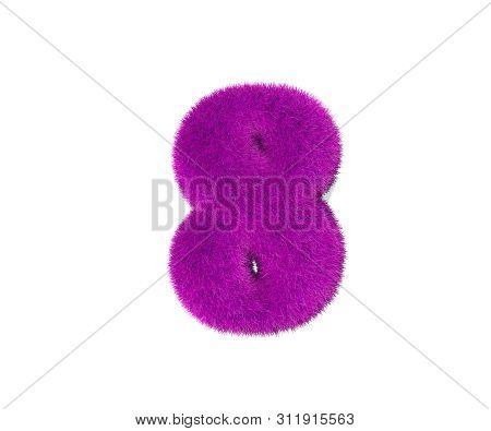 Number 8 Of Purple Wooly Font Isolated On White Background, Glamorous Concept 3d Illustration Of Sym