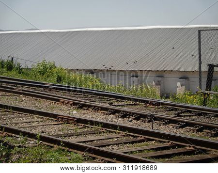Old Industrial Building And Old Railway. Rusty Rails. Ust-kamenogorsk (kazakhstan). Ladnscape