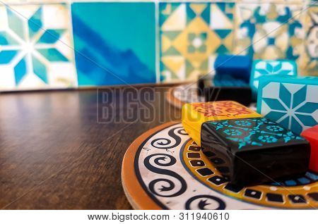 Colorful Board Game. Small Tiles Of Different Colors.