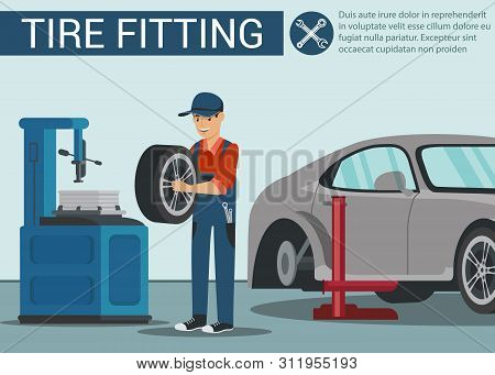 Man Near Machine Wheel Repair. Tire Fitting. Wheel Change In Car. Service Station. Auto Service. Aut