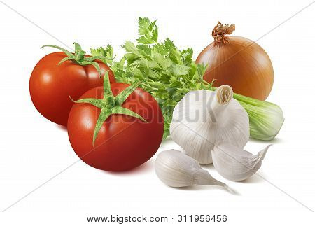 Tomato, Onion, Celery And Garlic. Hot Sauce Ingredients Isolated On White Background. Package Design