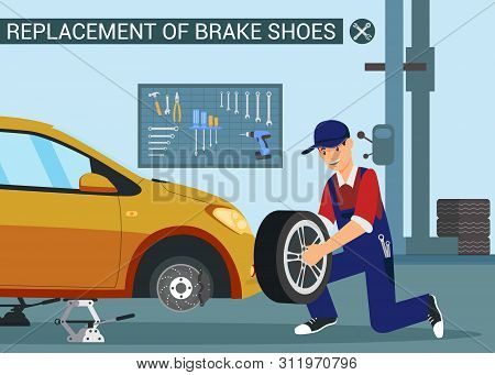 New Wheel For Yellow Car. Replacement Of Brake Shoes. Service Station. Auto Service. Computer Diagno