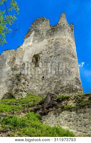 Tower Of Blatnica Castle, Slovakia. Blue Background
