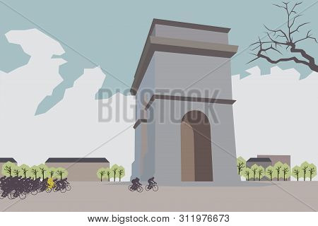 Road Cycling Race In Paris, France. Flat Design Vector Illustration. Peloton On Street