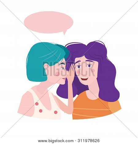 Two Girls Gossiping Surprised, Says Rumors To Other Female Character. One Excited Girl Whispers Secr