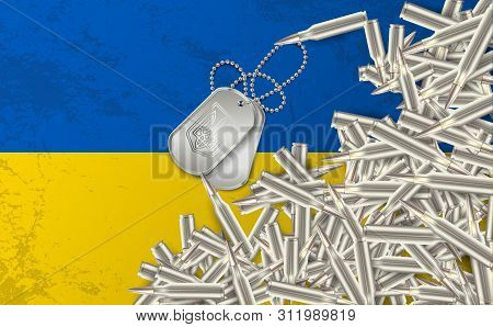 Rifle Bullets The Chaotically Thrown On The Ukrainian Flag. Military Dog Tag With National Symbols O
