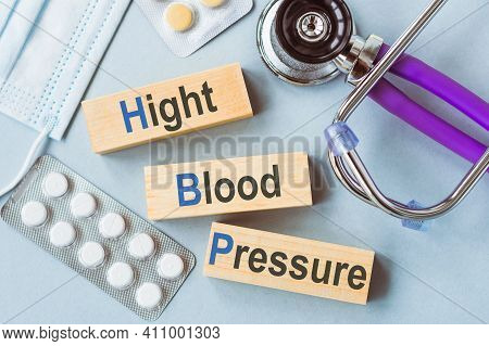 Hbp High Blood Pressure Words On Wooden Blocks. Medical Concept.