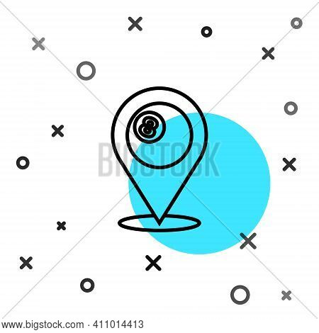 Black Line Map Pointer With Billiard Pool Snooker Ball With Number 8 Icon Isolated On White Backgrou