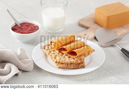 crispbread with Norwegian brunost traditional brown cheese