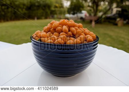 Indian Popular Crunchy And Crispy Snacks. Deep Fried Besan Balls. Bowl Of Bundi In A Bowl On Table I
