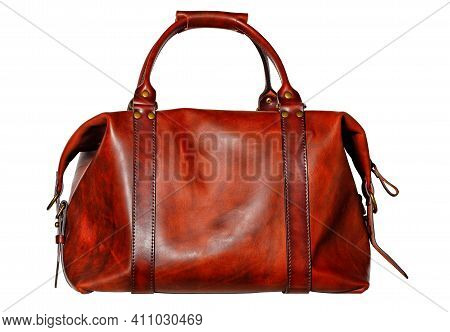 Beautiful Red And Brown Leather Bag With Side Fasteners, Straps And Brass Buckles In Vintage Style O