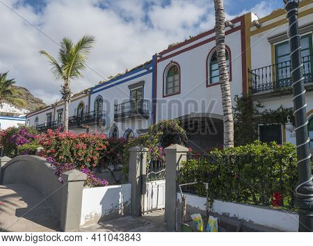 Puerto De Mogan, Gran Canaria, Canary Islands, Spain December 18, 2020: Traditional Colorful Houses 