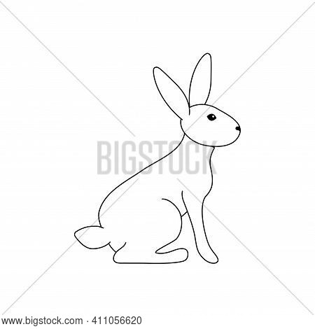 Vector Illustration Of A Rabbit Sitting On The Ground. Black Outline Of A Hare On A White Background