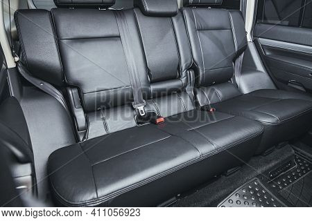 Novosibirsk, Russia - March 03 2021: Mitsubishi Pajero, Rear Seat For Passengers In Black Textile. C