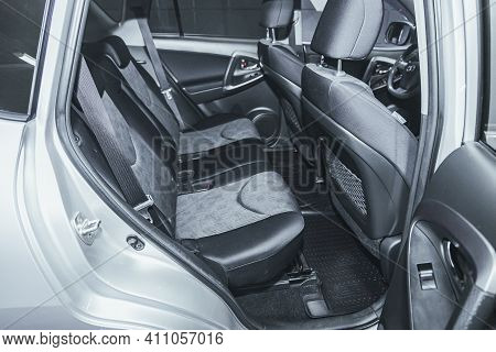 Novosibirsk, Russia - March 03 2021: Toyota Rav-4, Rear Seat For Passengers In Black Textile. Comfor