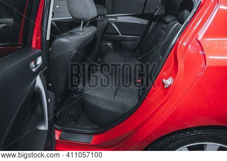 Novosibirsk, Russia - March 03 2021: Mazda 3, New Car Inside. Clean Car Interior. Black Back Seats I
