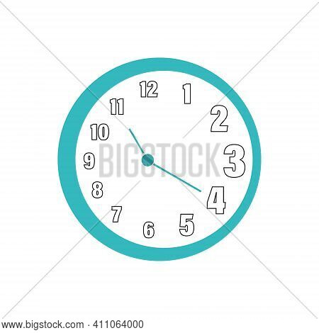 Modern Clock On The Wall. The Clock Is Round With Arabic Numerals And Two Hands. Flat Vector Illustr
