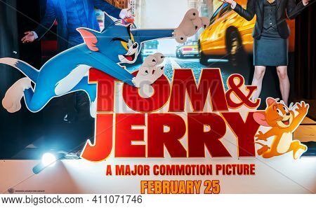 Bangkok, Thailand - Feb 26, 2021: A Beautiful Standee Of A Movie Called Tom And Jerry Display At The