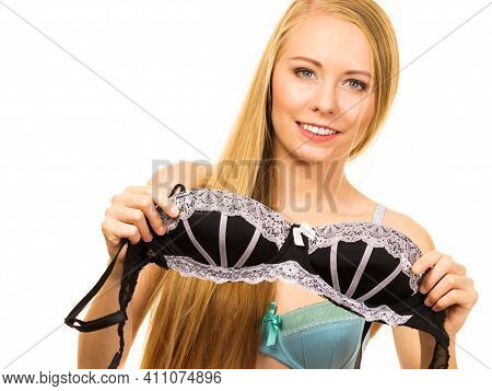 Woman Trying On Black Bra With Lace