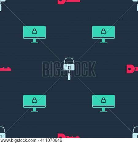 Set Key, Lock Picks For Lock Picking And On Computer Monitor On Seamless Pattern. Vector
