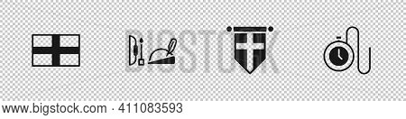 Set Flag Of England, Robin Hood Hat, Flag On Pennant And Watch With Chain Icon. Vector