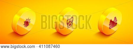 Set Isometric Hand Grenade, Gas Mask And Bulletproof Vest Icon. Vector