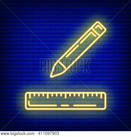 Concept Neon Pencil, Wooden Ruler Triangle Icon, Writing Pen And Measuring Utensils Stuff For Drawin
