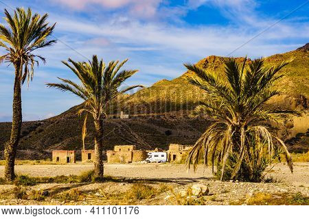 Caravan Camping At Movie Location El Chorrillo In Sierra Alhamilla Mountains, Spain. Tourist Attract