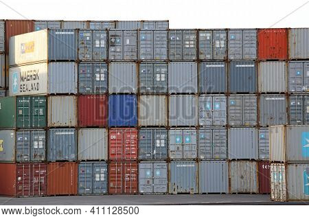 Koper, Slovenia - October 14, 2014: New Cars And Cargo Containers At Terminal Port In Koper, Sloveni