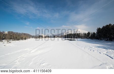 Altay, Russia - February 27, 2018: View Of River Katun In The Winter, Altay Mountains, Siberia, Russ