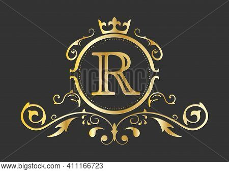 Golden Stylized Letter R Of The Latin Alphabet. Monogram Template With Ornament And Crown For Design