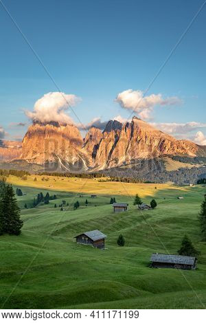 Seiser Alm, Alpe Di Siusi Landscape, Dolomites Alps, Italy. High Quality Photo At Sunset