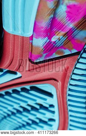 Turquoise Outsole Tread With Sports Sneakers For Jogging And Fitness. Sports Style, Close-up