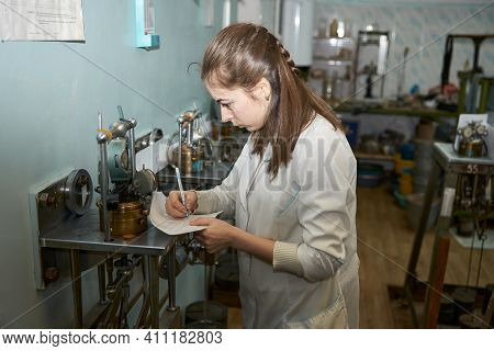 Russia, Naberezhnye Chelny, March 2, 2018: Geotechnical Laboratory. The Laboratory Assistant Takes R