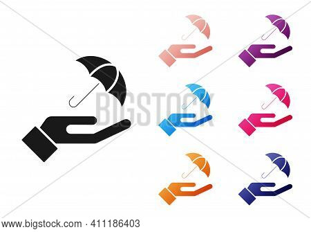 Black Umbrella In Hand Icon Isolated On White Background. Insurance Concept. Waterproof Icon. Protec