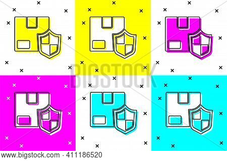 Set Delivery Security With Shield Icon Isolated On Color Background. Delivery Insurance. Insured Car