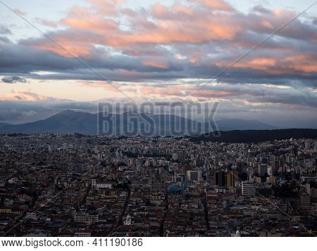 Aerial Cityscape Panorama Of Quito Skyline Old Historic Town Centre Modern Architecture Buildings Fr