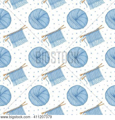 Watercolor Knitting Tools Seamless Pattern. Blue Wool Yarn Skein, Wooden Knitting Needles, Knitted F