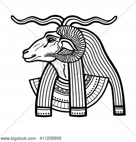 Animation Portrait Ancient Egyptian God Khnum. Deity Of Nile Source, God With Ram. Profile View. Vec