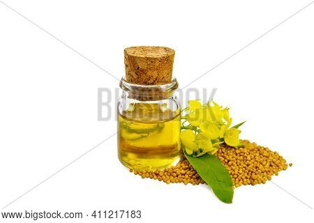 Oil Mustard In Vial With Seeds And Flower