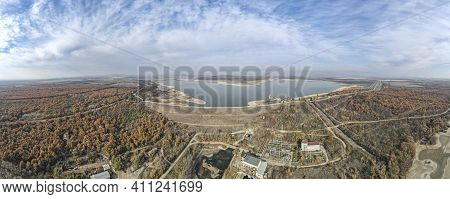 Aerial Panorama Of Pyasachnik (sandstone) Reservoir, Sredna Gora Mountain, Plovdiv Region, Bulgaria