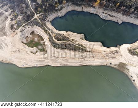 Aerial Panorama Of Pyasachnik (sandstone) Reservoir, Sredna Gora Mountain, Plovdiv Region, Bulgaria