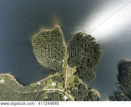 Aerial Panorama Of Golyam Beglik Reservoir, Pazardzhik Region, Bulgaria