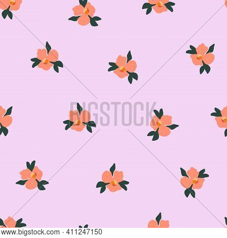 Ditsy Pansy Flowers Seamless Vector Pattern. Delicate Orange Small Scattered Flowers On A Pink Backg
