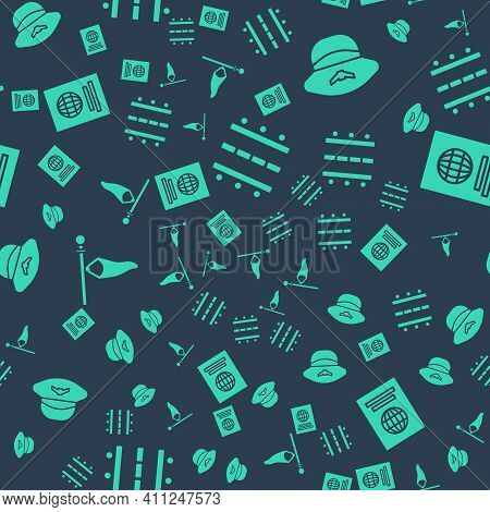 Set Airport Runway, Pilot Hat, Cone Meteorology Windsock Wind Vane And Passport On Seamless Pattern.