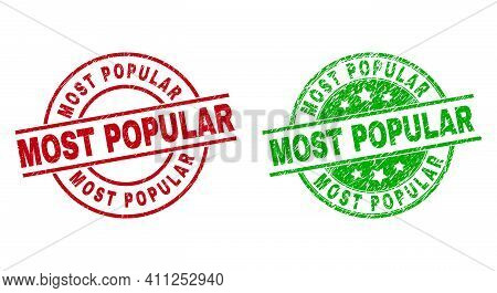 Round Most Popular Stamp Badges. Flat Vector Grunge Badges With Most Popular Phrase Inside Circle An